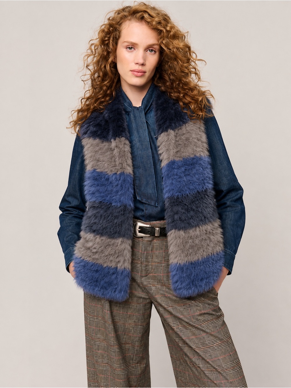 Etcetera Blue & Gray Faux Fur Striped Vest